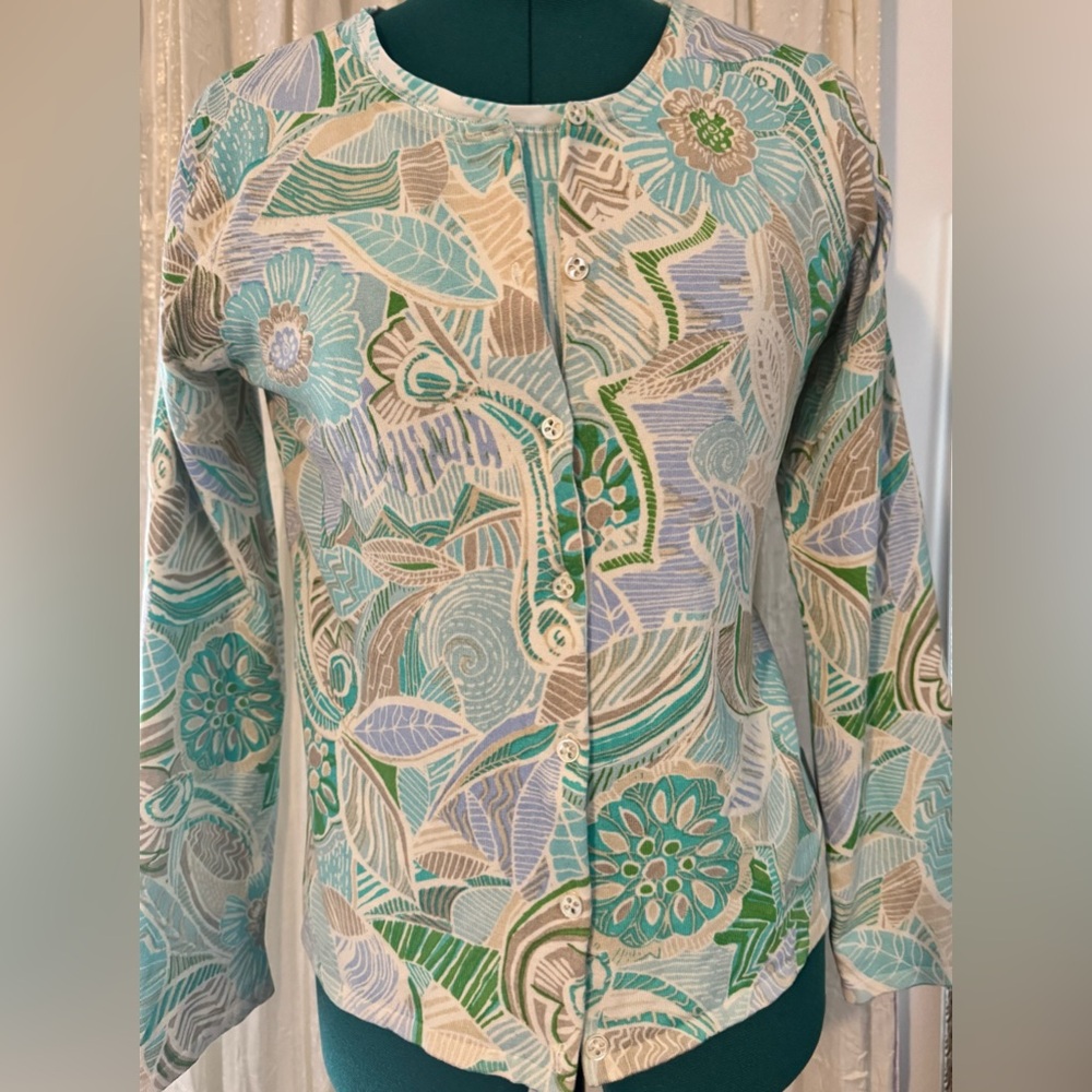 Sigrid Olsen. 2-pieces. Petite silk blend cardigan and matching cotton top.